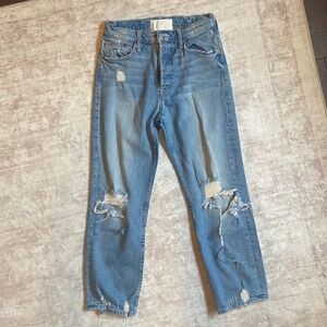 Mother The Tomcat Jeans 27 High Rise Straight Button Fly Distressed Denim